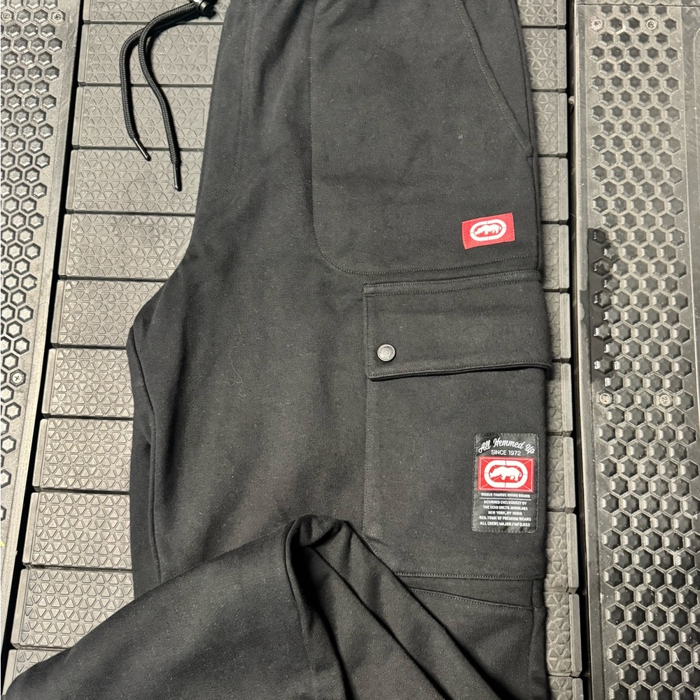 Ecko Unlimited Black Cargo Joggers with Red Logo Patches